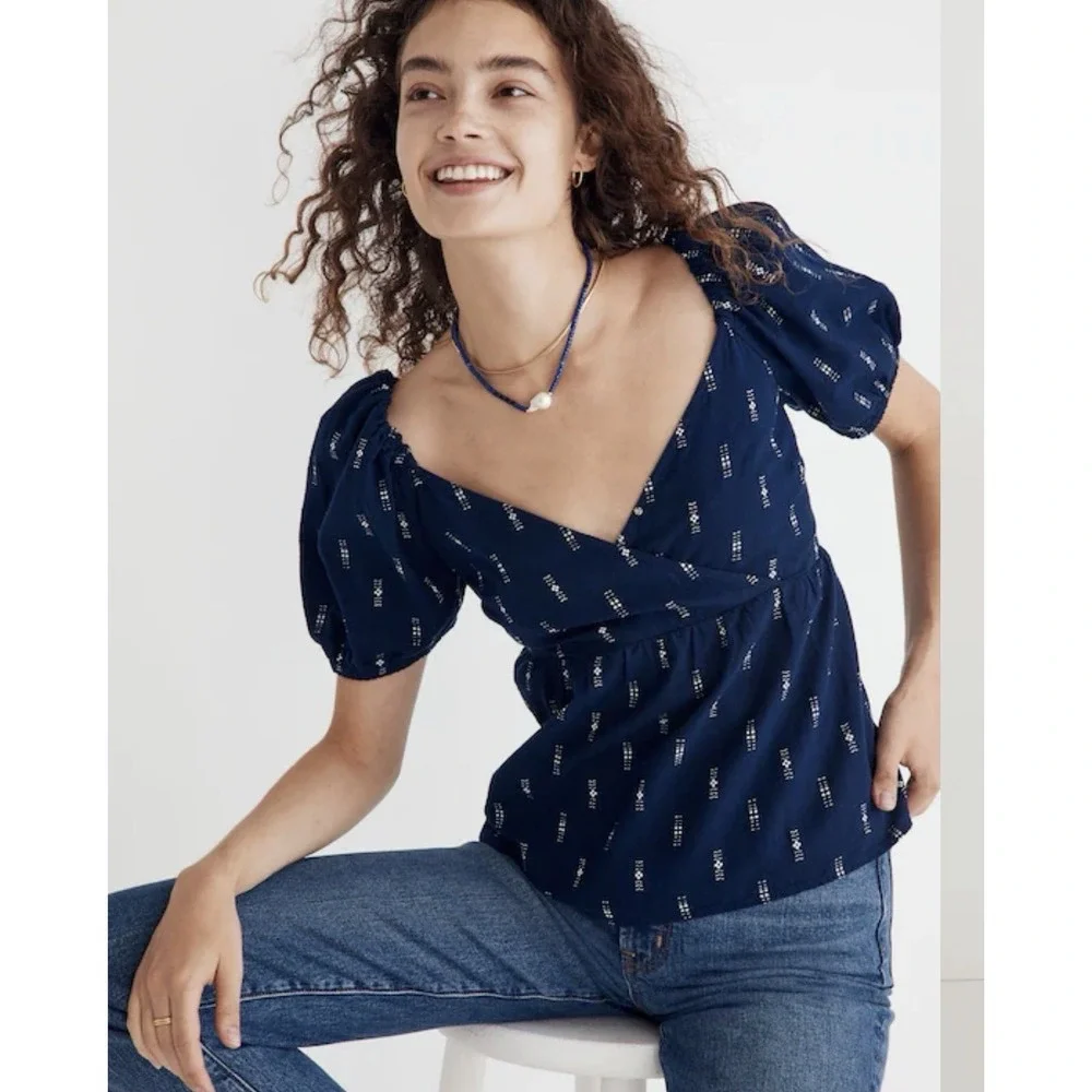 Madewell Jacquard Puff-Sleeve Empire Top Size Medium Cotton Blue Babydoll Summer